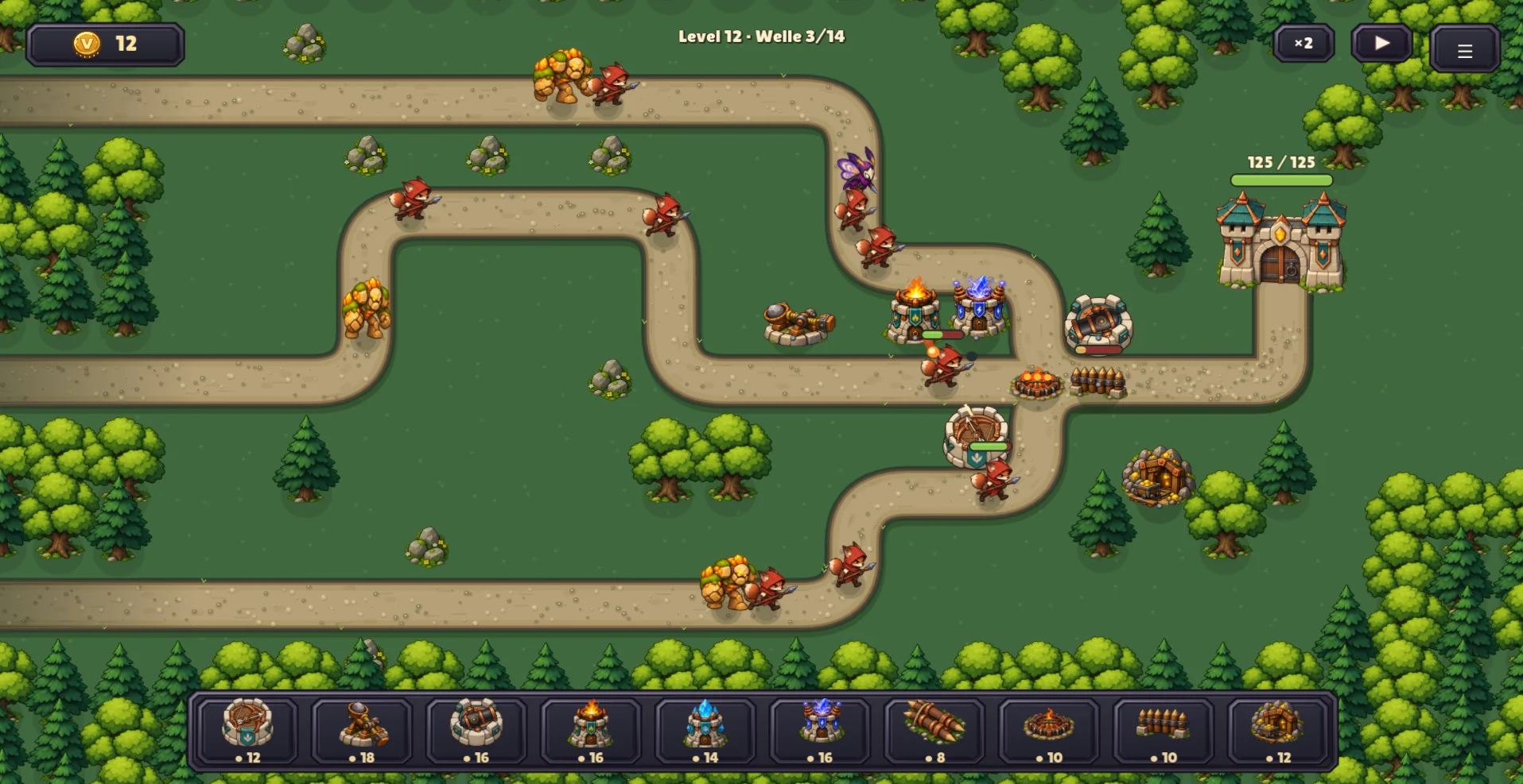 Actual Varcano gameplay during an active wave: enemies on winding paths, defensive towers and the in-game hotbar